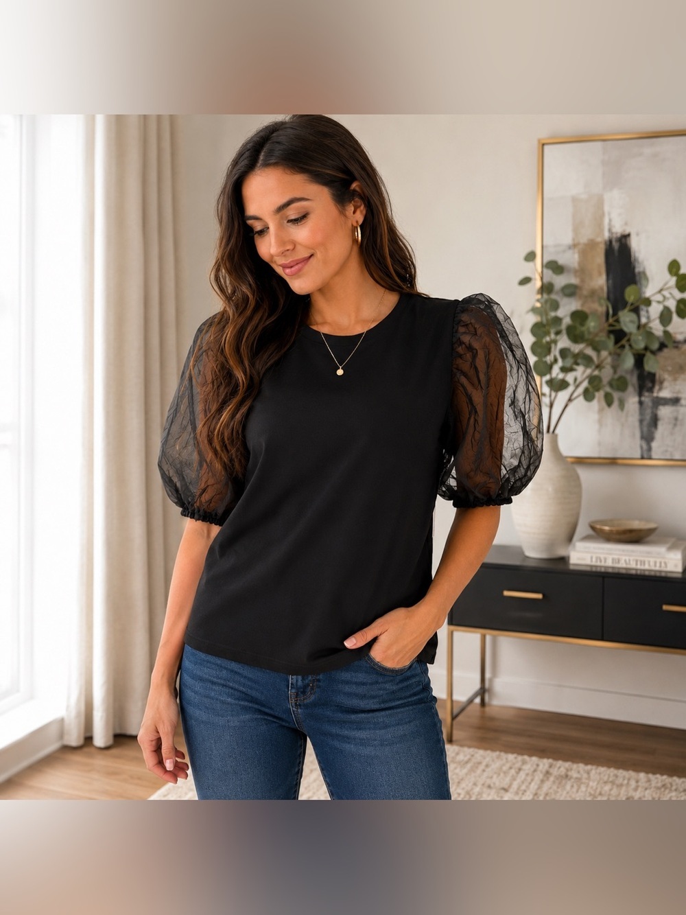 1.STATE Desert Oasis Sheer Puff Sleeve Top NWT Black XS